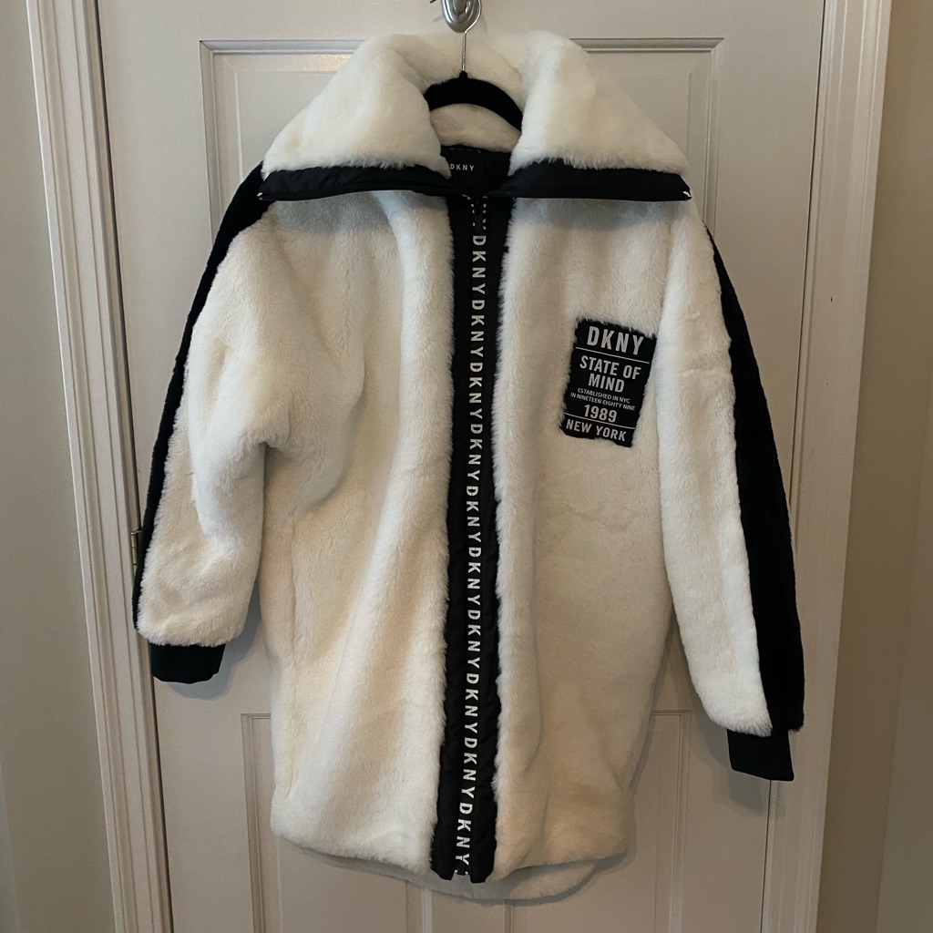 Dkny Girl’s White Faux Fur Coat With Black Logo Trim. Size 16